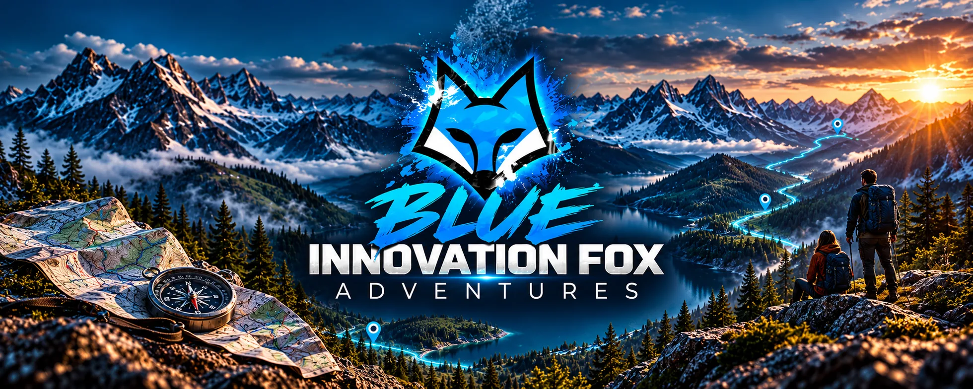 BLUE INNOVATION FOX Adventures: hikers above a mountain lake at sunrise, a map and a compass in the foreground