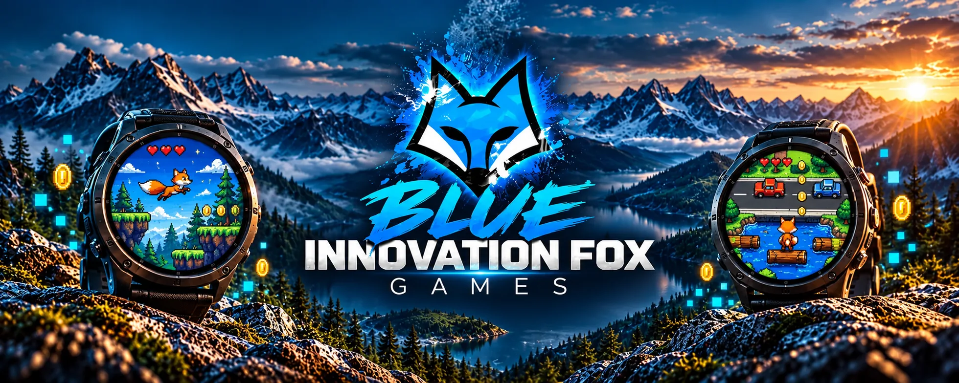 Blue Innovation Fox Games: two Garmin watches with pixel games in front of a mountain lake at sunset